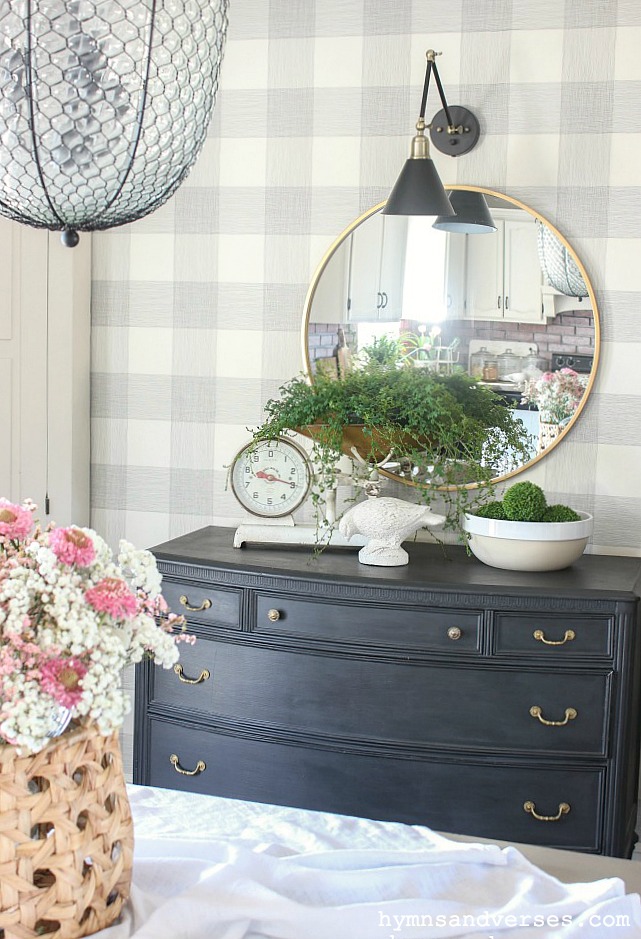 Black Dresser with Vintage Scale and Peacock Fern - Pretty in Pink Spring Tour