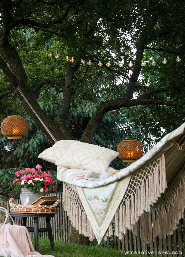 Fringe Hammock with Solar Lights in Trees