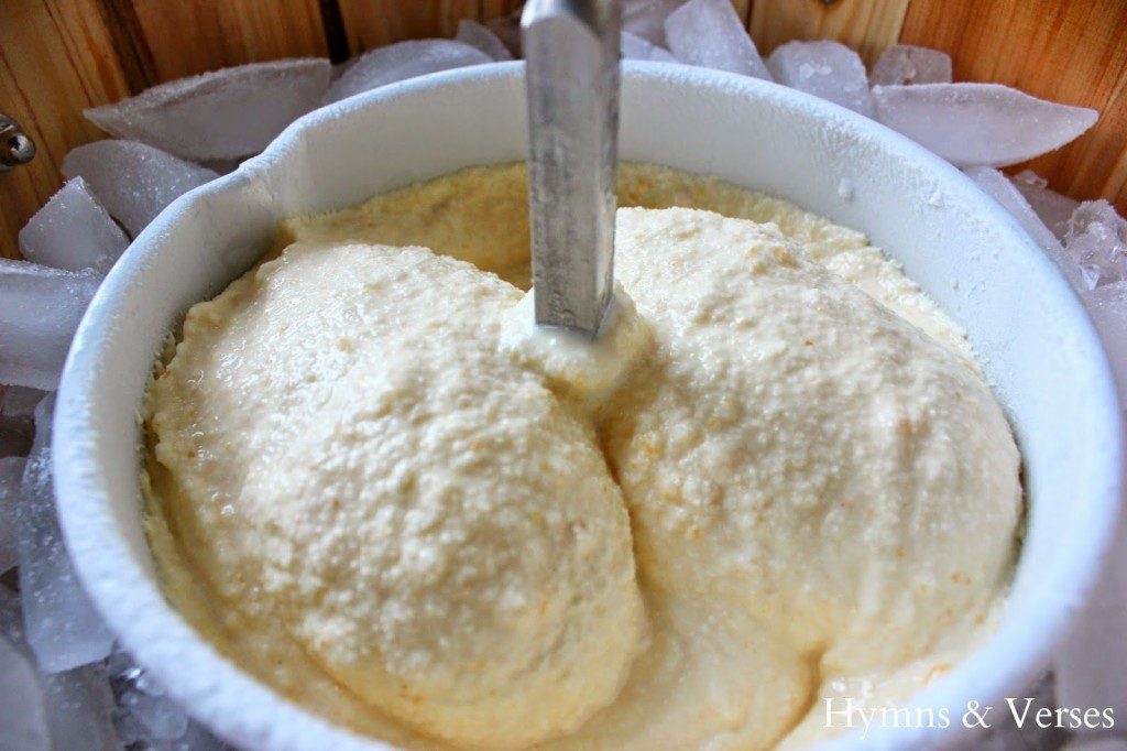 Peach Ice Cream in Churn Freezer