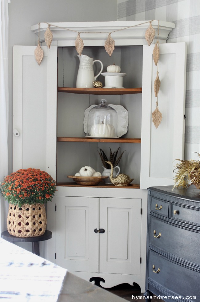 Vintage Corner Cabinet for Fall - Hymns and Verses