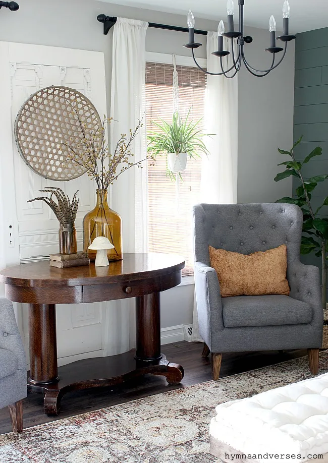 Vintage Library Table Styled for Fall - Hymns and Verses