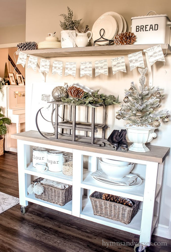 Rolling Kitchen Cart and Shelf Decorated for Christmas.