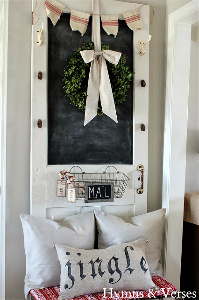 Old Door Chalkboard with Christmas Boxwood Wreath - Hymns and Verses Blog