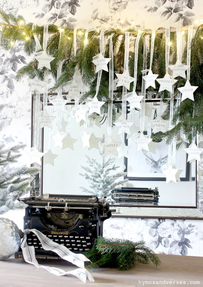 Hanging Pine Branch with Printable Names of Jesus Star Ornaments - Hymns and Verses