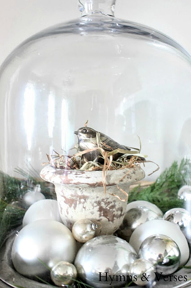 Christmas Cloche with Silver Bird and Ornaments - Hymns and Verses Blog