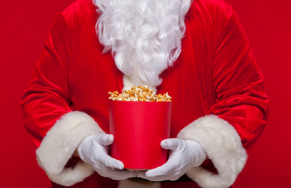 Classic Christmas Movies - Santa holding Popcorn