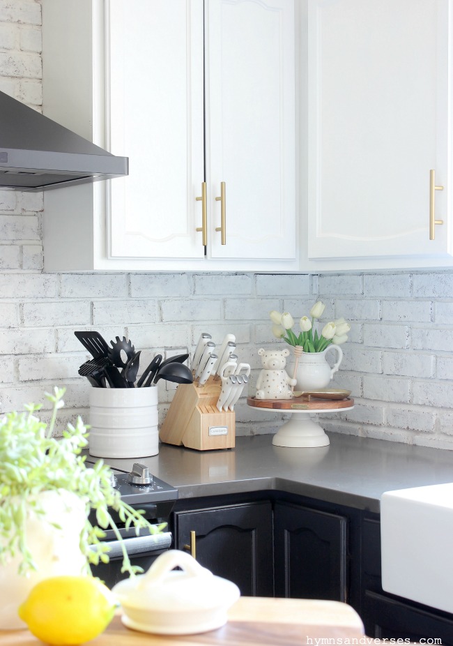 Modern Farmhouse Kitchen with Brick Backsplash - Hymns and Verses