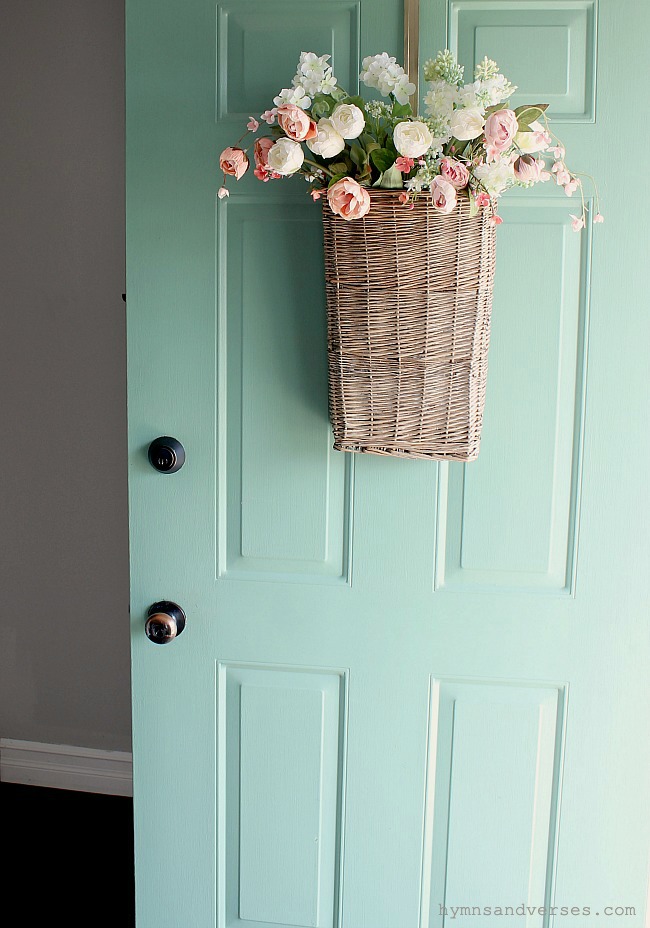 Pink and White Floral Basket on Mint Green Front Door - Hymns and Verses