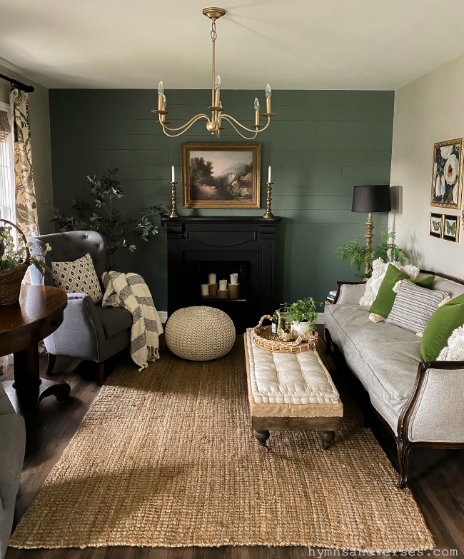 Vintage Style Living Room with Green Accent Wall - Hymns and Verses