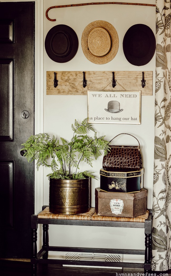 Entryway with Vintage Hats and Hat Boxes - Hymns and Verses Blog