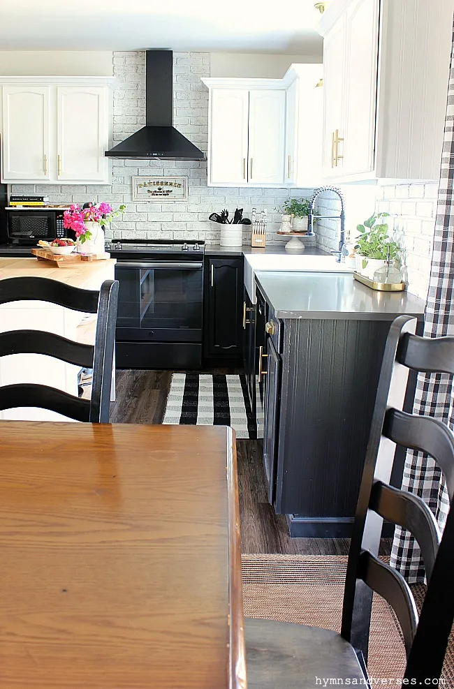 Black and white modern farmhouse kitchen with plaid accents - Hymns and Verses Blog