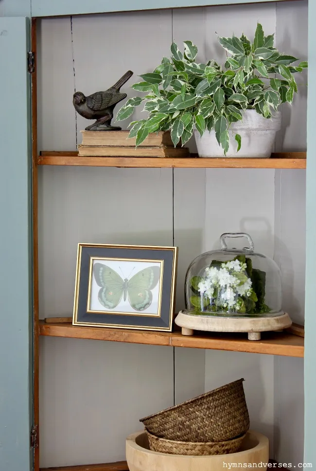 Antique corner cabinet shelves styled with plants and summer accents - Hymns and Verses Blog