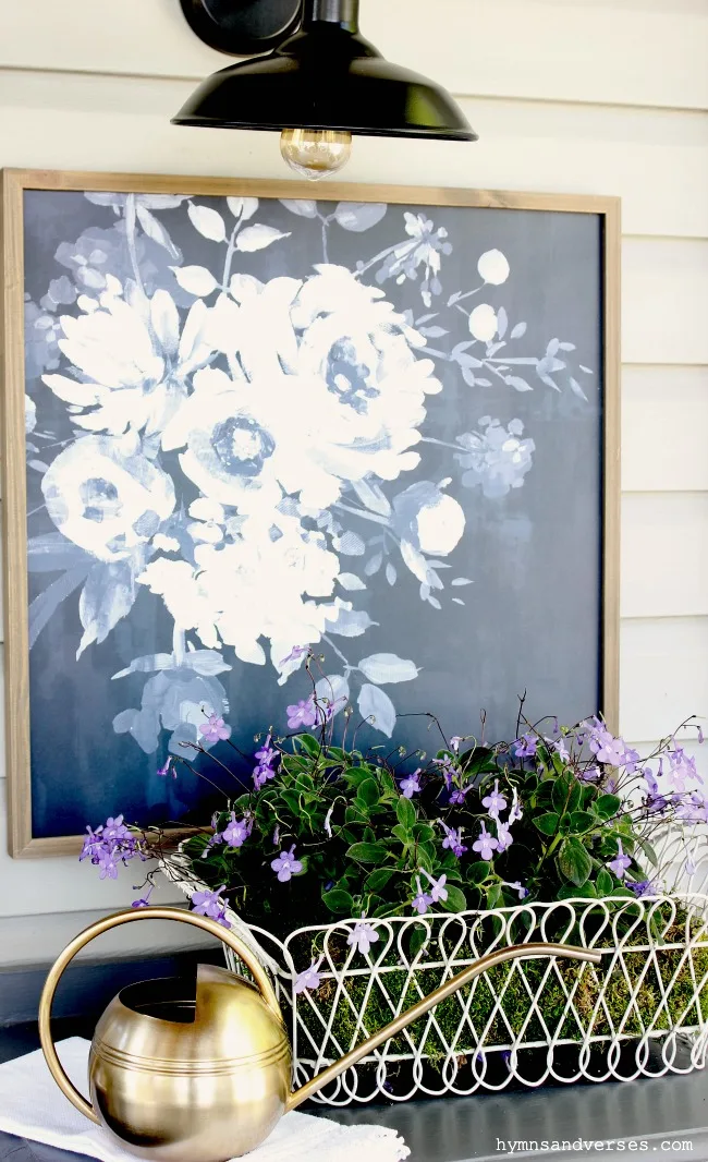 Blue and white floral art with wire basket of Concord Blue streptocarpella - Hymns and Verses Blog