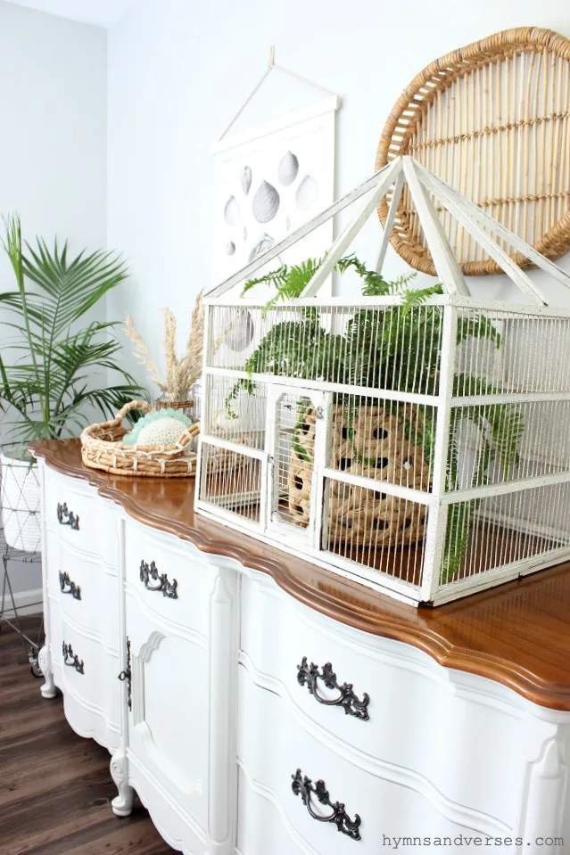 Vintage bird cage with fern and coastal cottage accents for summer - Hymns and Verses Blog