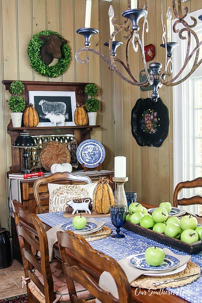 Blue and White Fall Tablescape - Our Southern Home