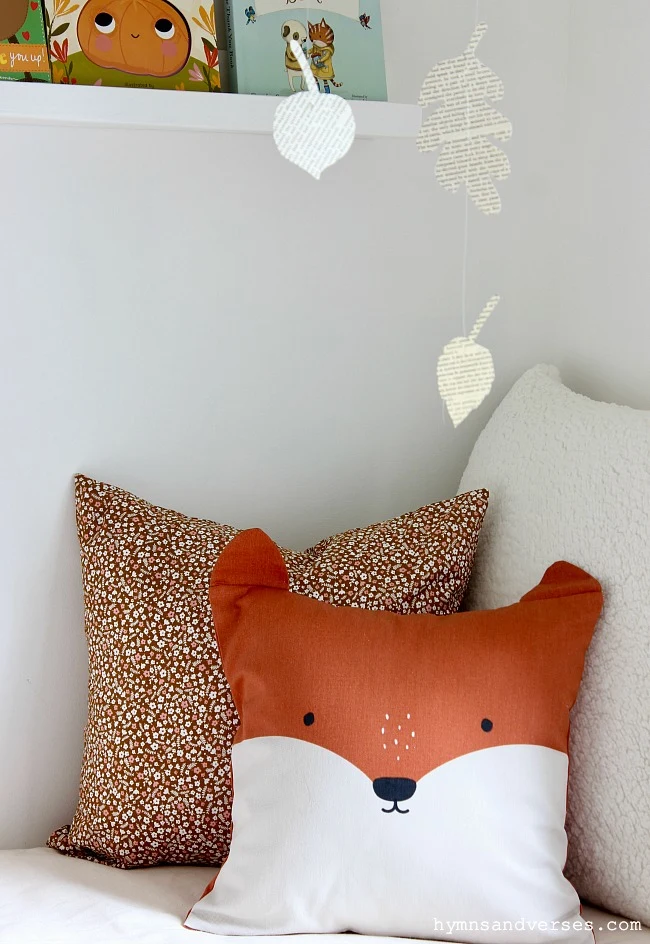 Fox Pillow for Fall in Reading Nook with Fall Book Page Leaf Garland