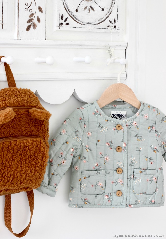 Quilted fall jacket and teddy bear backpack for fall baby from Target.