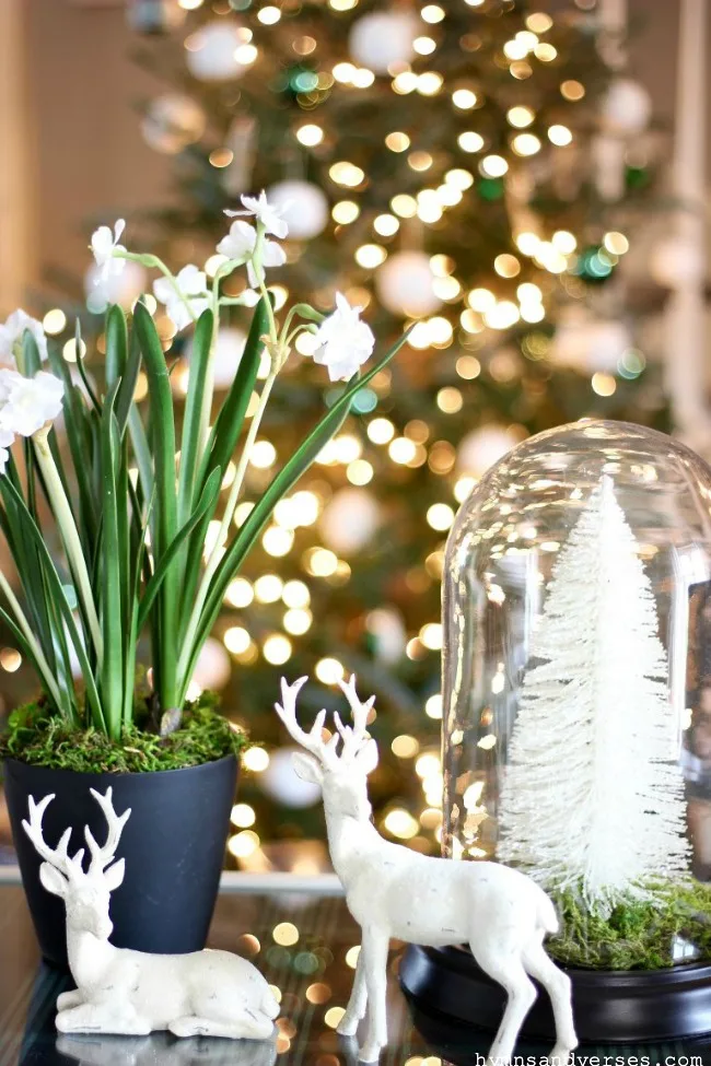 Christmas Cloche with Bottle Brush Tree and Reindeer - Hymns and Verses