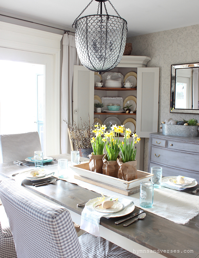Spring Dining Room with Daffodil Paper bag Centerpiece