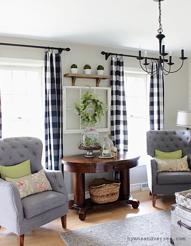 Spring Living Room with Black and White Buffalo Check Curtains