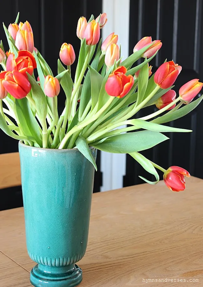 Green Vase of Tulips for Spring