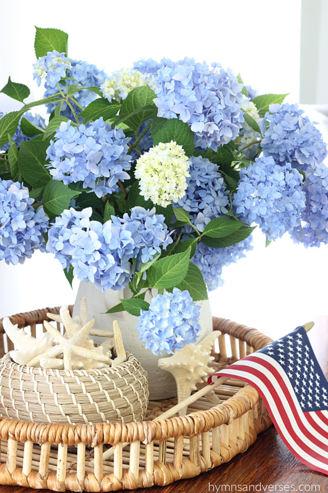 Blue and White Hydrangeas with starfish and American Flag - red white and blue decor for Independence Day