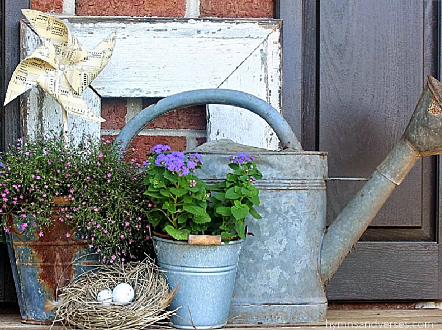 DIY Pinwheel with Vintage Frame, Tin bucket and Watering Can