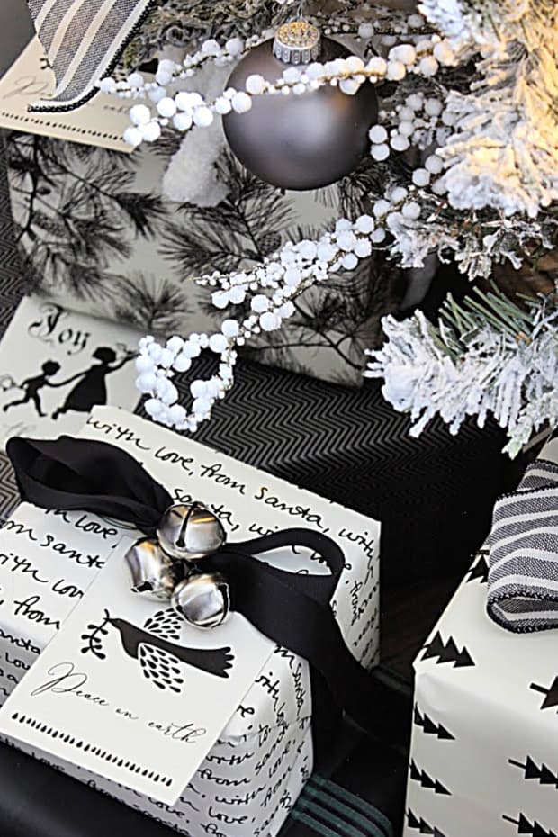 Printable gift tags for Christmas in three colorways:  black on white as shown, white on black, and white on red.