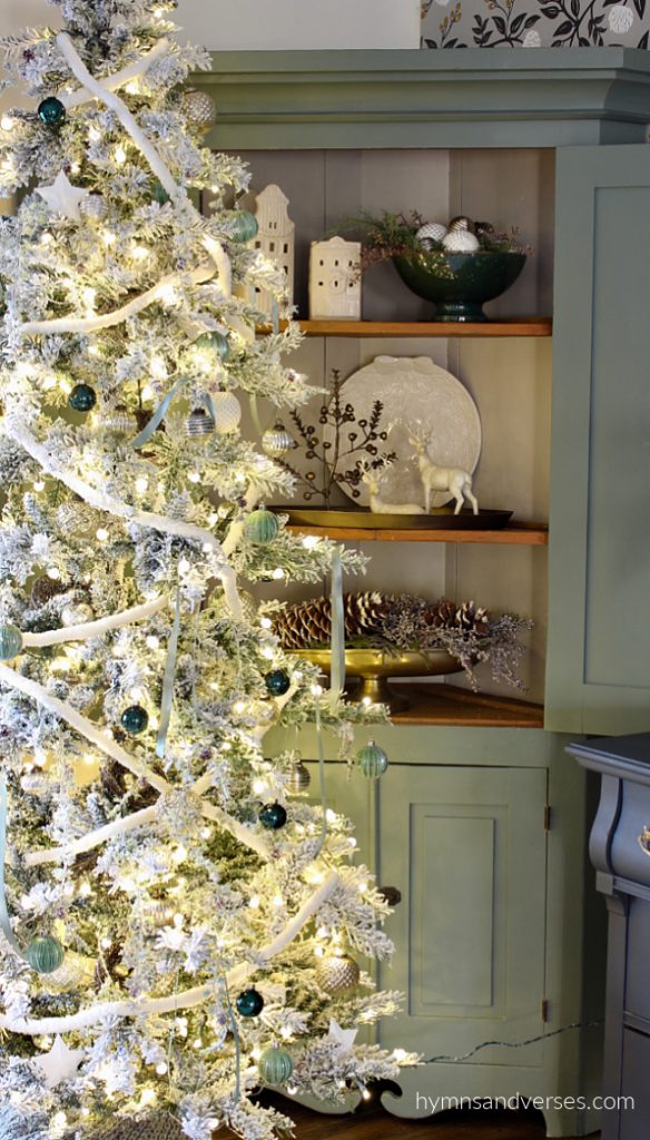 Flocked Slim Christmas Tree with Green Corner Cabinet

