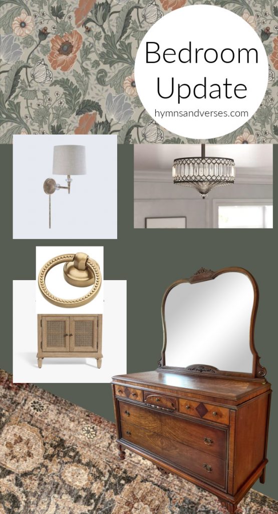 Visual mood board with photos for a master bedroom update.  Includes wallpaper, wall color, lighting choices, furniture, and rug.