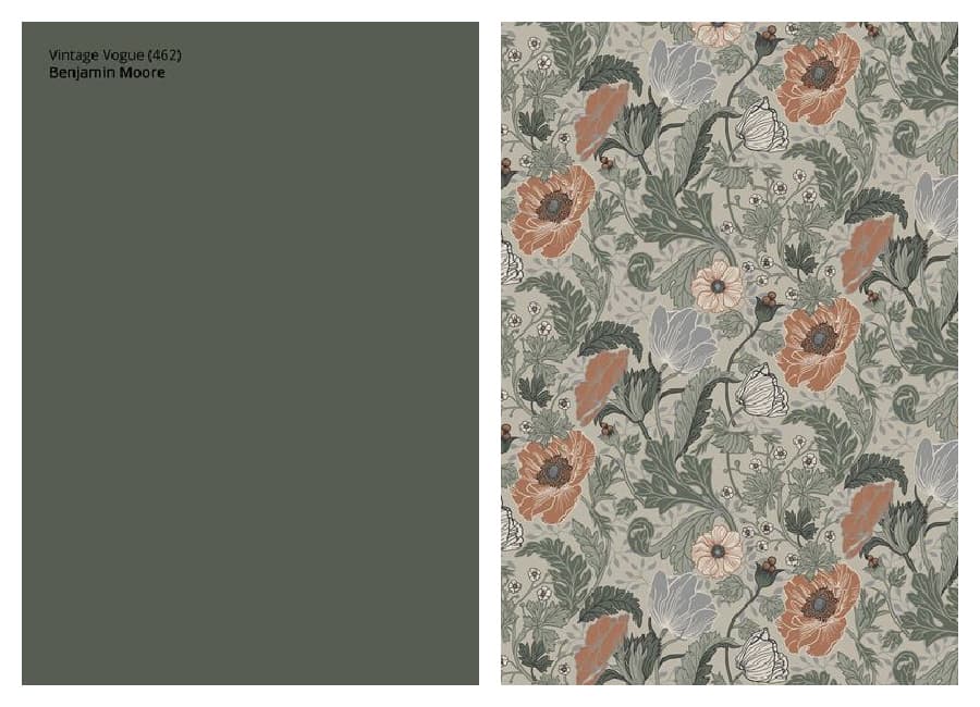 Vintage Vogue Green Paint sample by Benjamin Moore and floral Wallpaper Sample from Galerie Wallpaper called Anemonie.