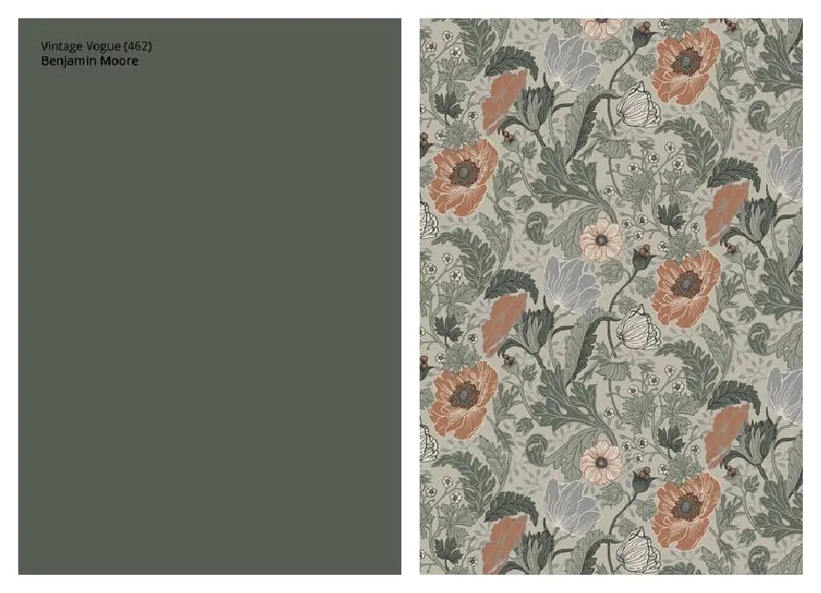 Vintage Vogue Green Paint sample by Benjamin Moore and floral Wallpaper Sample from Galerie Wallpaper called Anemonie.