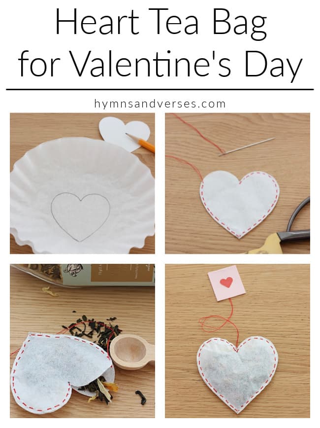 Collage showing images of steps to make a heart shaped tea bag
