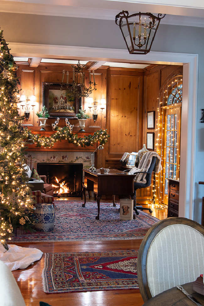 A very traditional home office decorated for Christmas