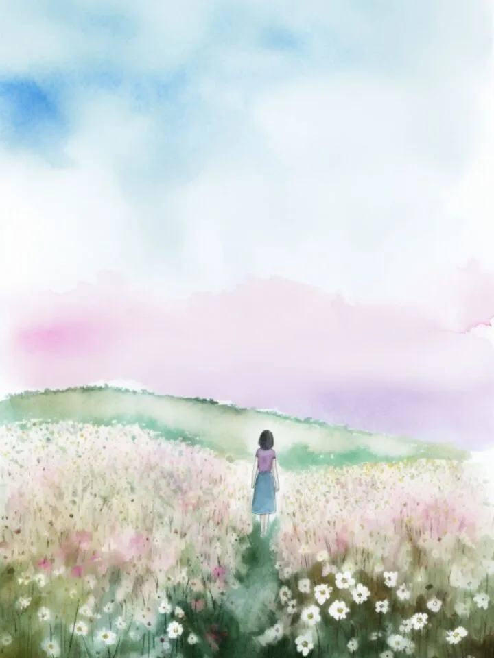 watercolor painting of mother standing in a field
