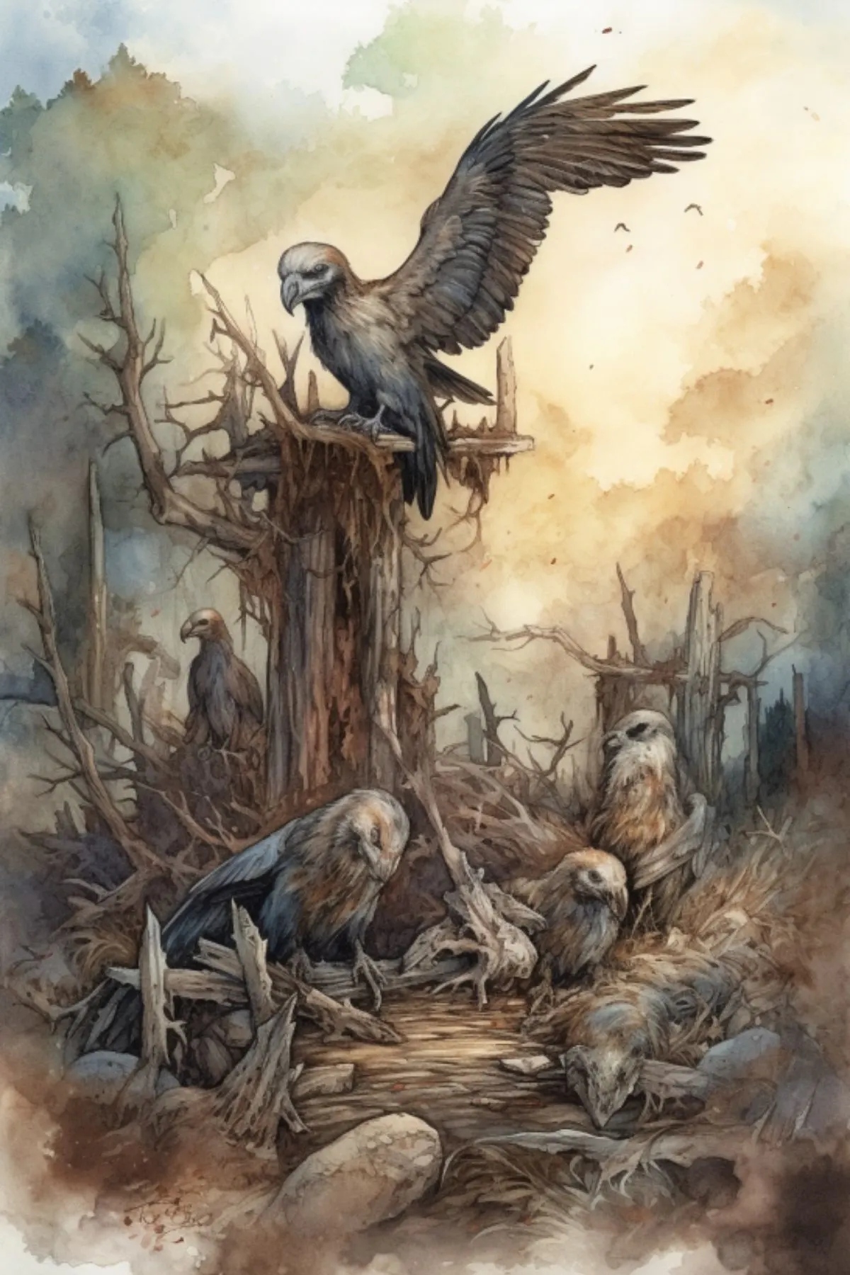 vultures at the end of days watercolor painting inspired by the Bible