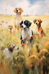 watercolor image of dogs in a field