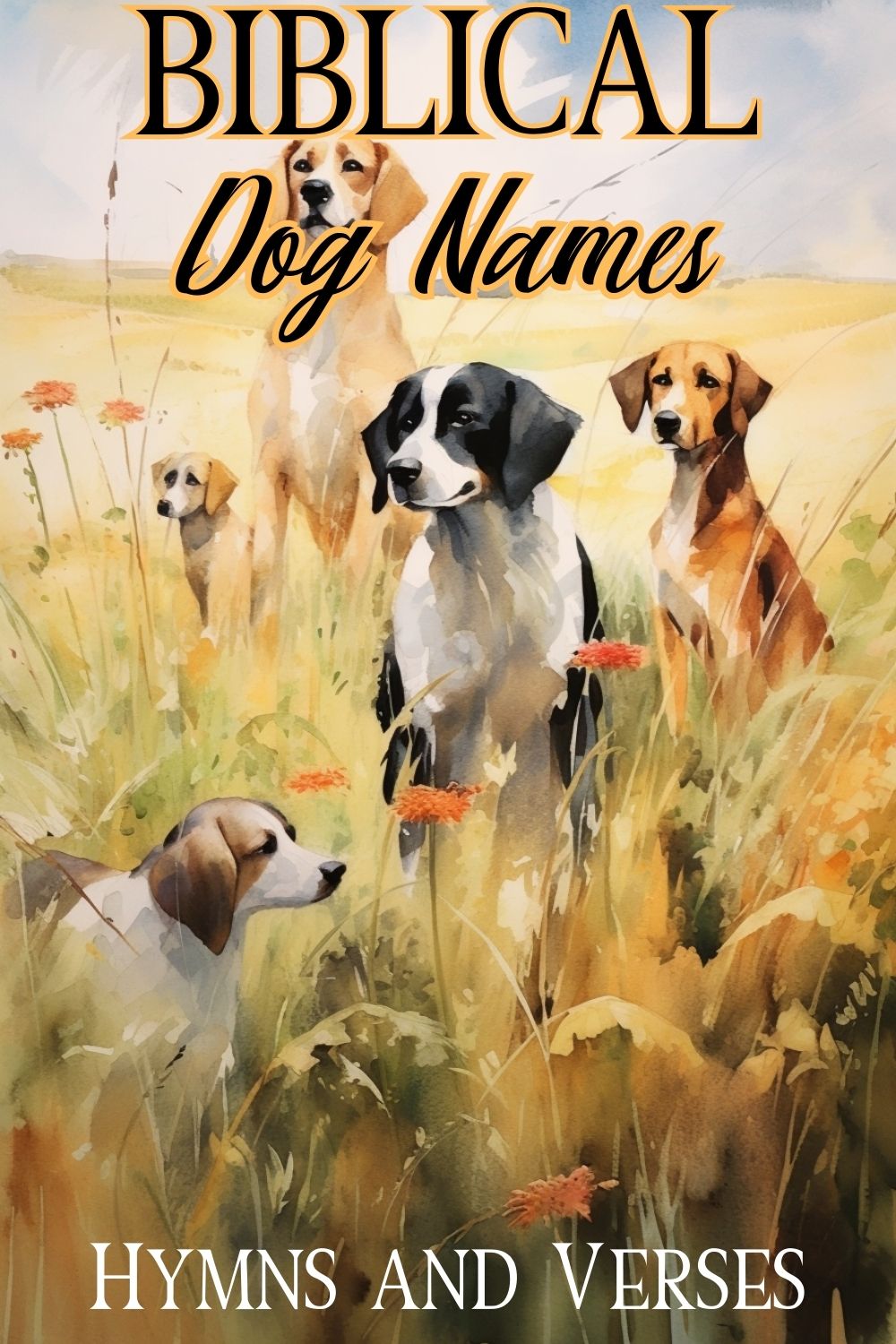 Pinterest pin about biblical dog names with dogs in a field