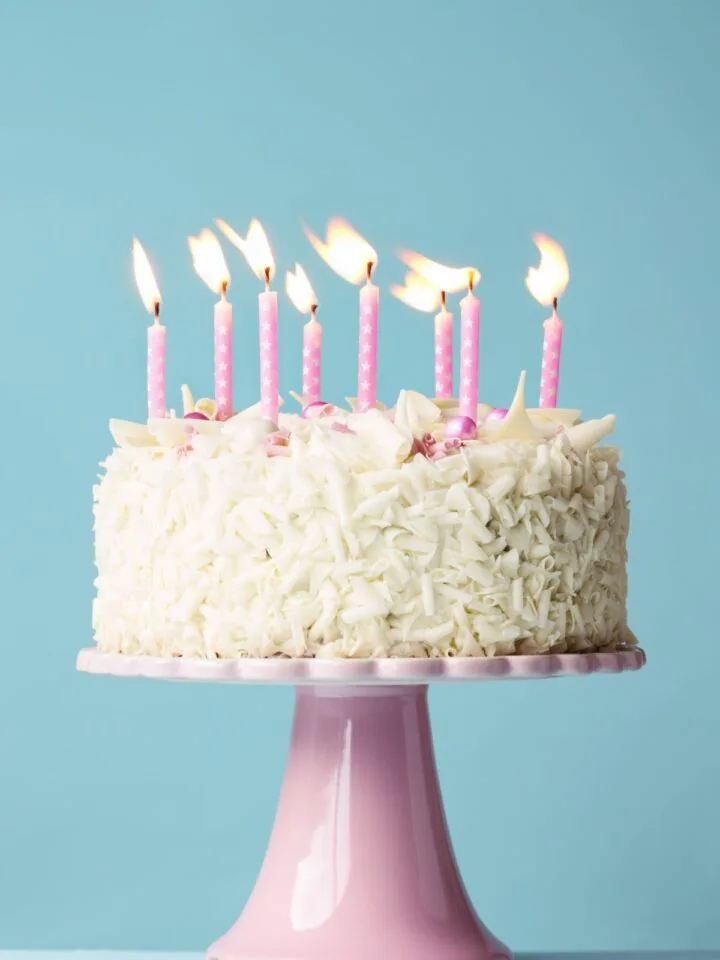 birthday cake for a friend white white icing and pink candles on a pink pedestal against a blue background