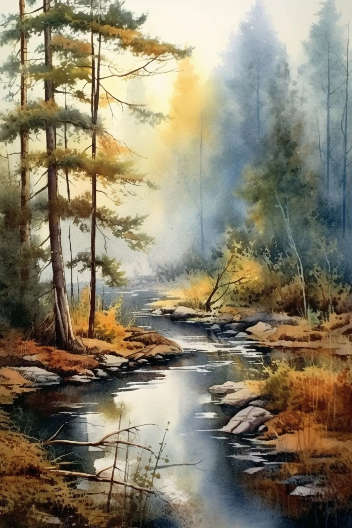 serene watercolor painting of a forest with a stream running through it on a Monday morning