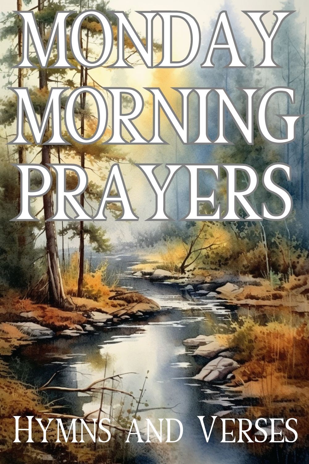Pinterest pin about Monday morning prayers with a serene background in a forest with a stream