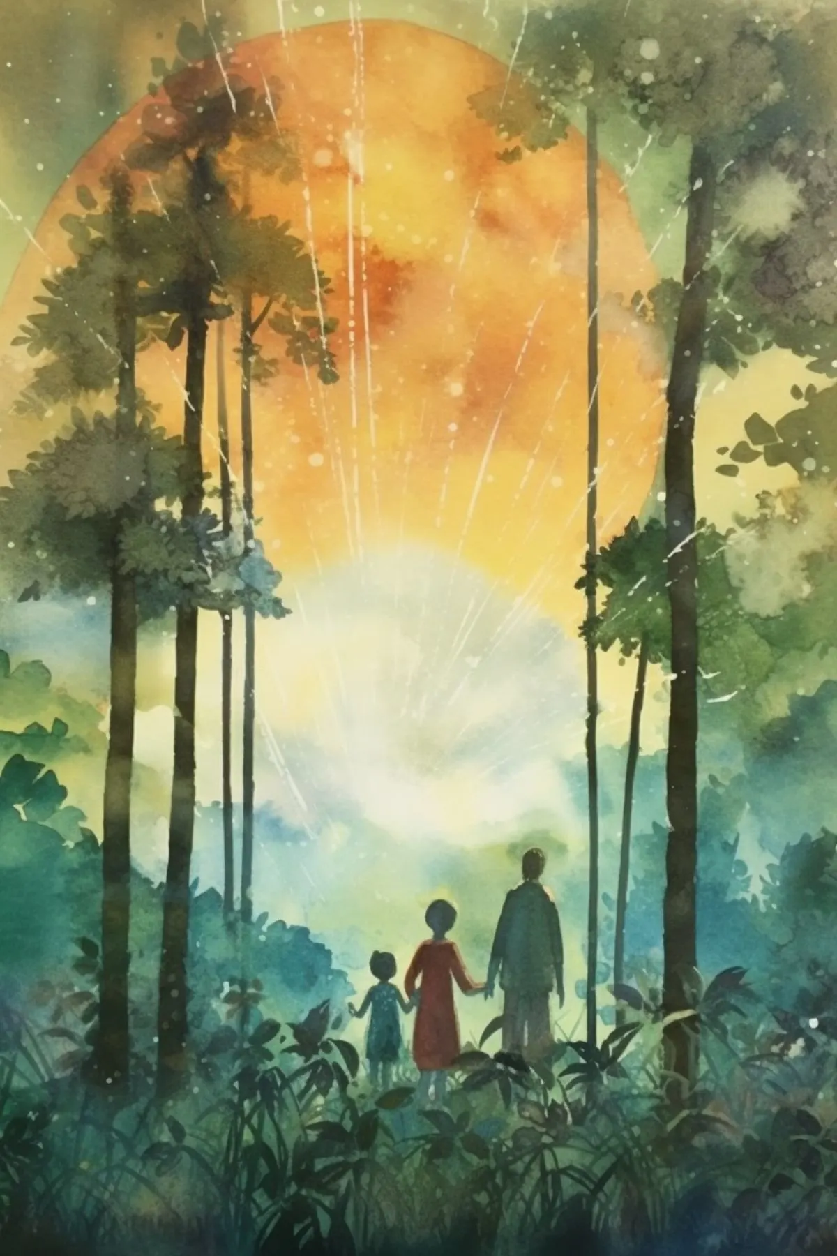 watercolor image of a family watching the sunrise in the forest