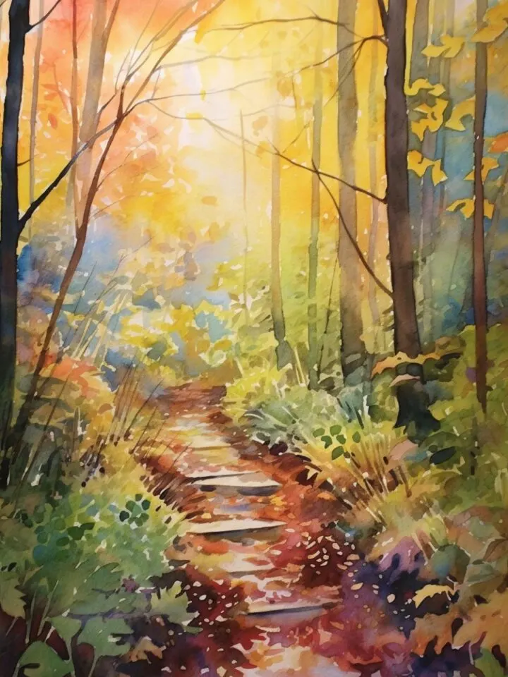 watercolor image of a path through the forest in the morning with the sunrise