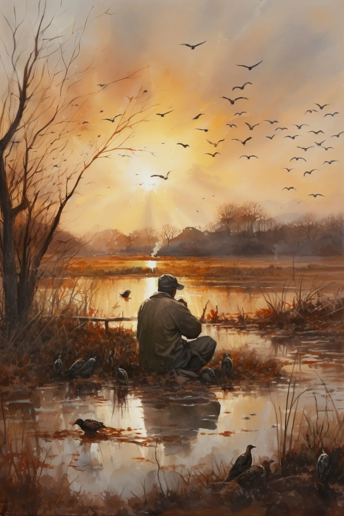 watercolor scene of someone at a pond in the morning