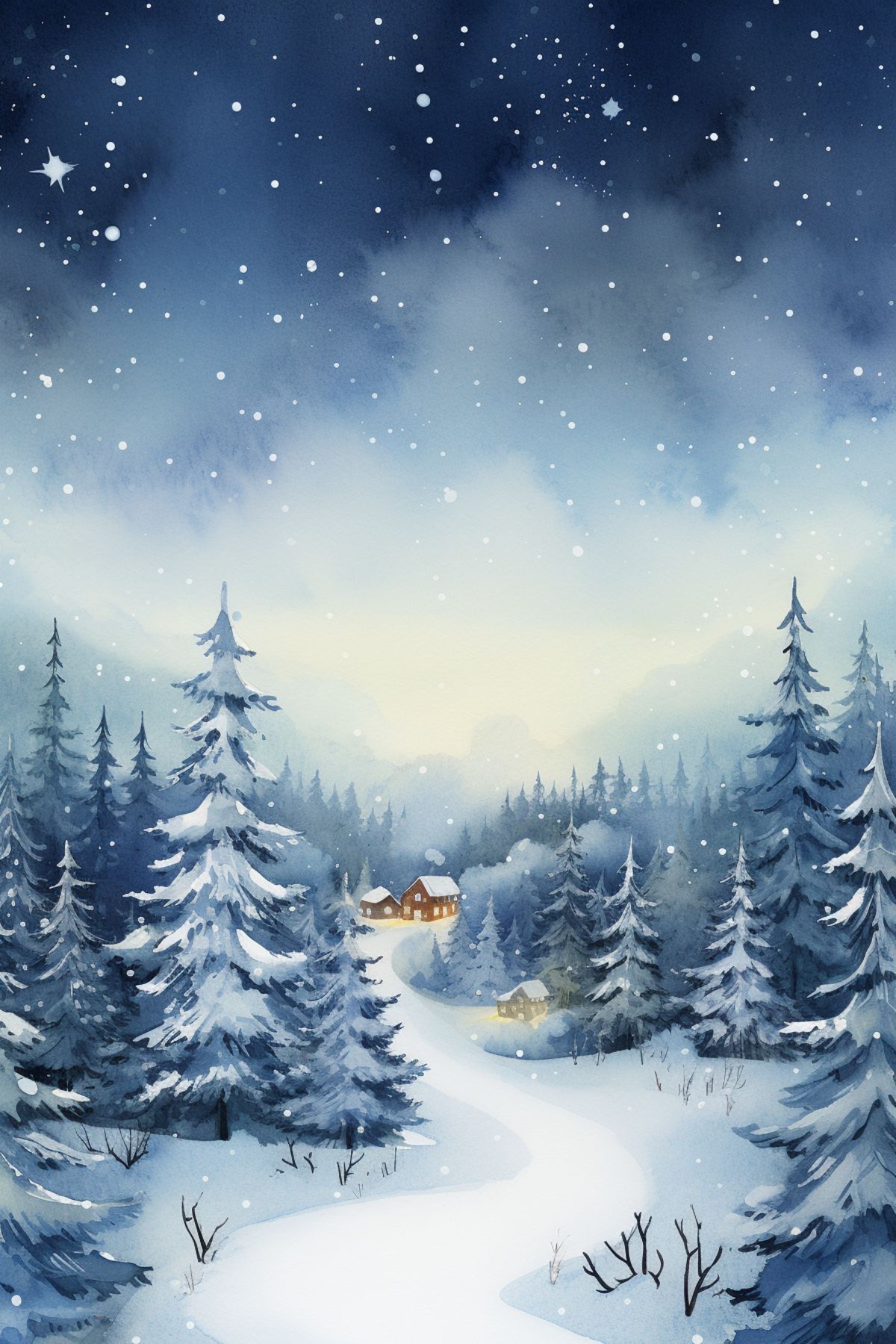 watercolor scene of pine trees and cabin covered in snow for christmas, blues and whites