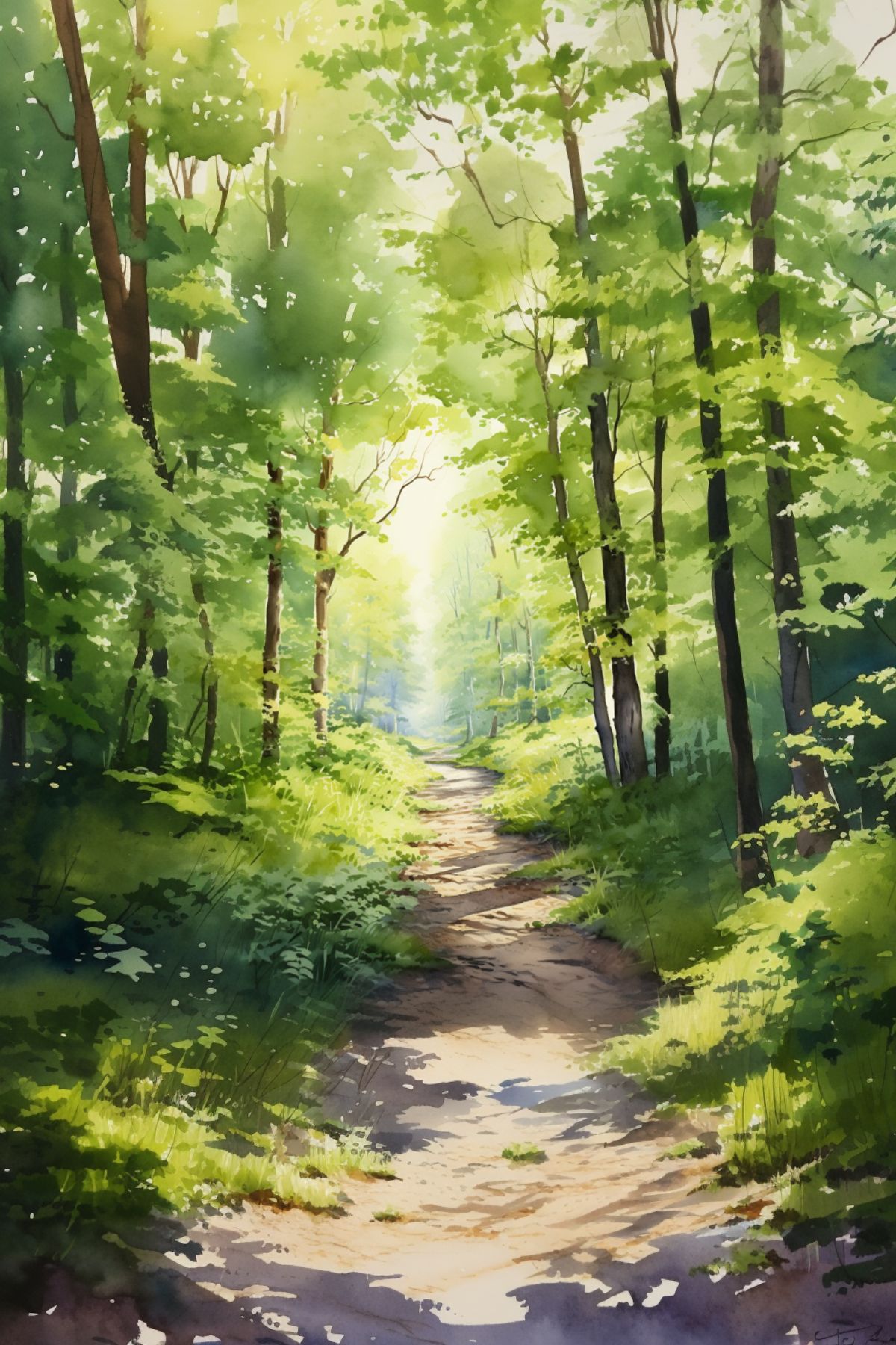 watercolor picture of a walk in the forest on a bright sunny Saturday