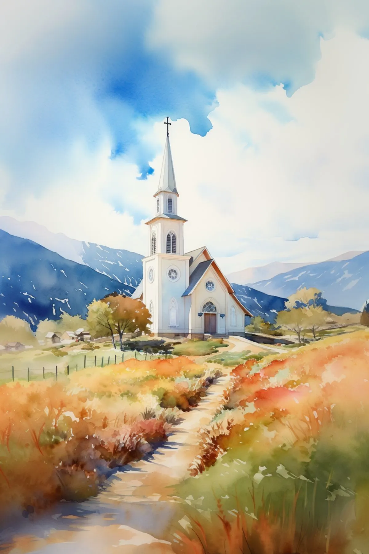 watercolor image of a church in the plains with beautiful mountains in the background