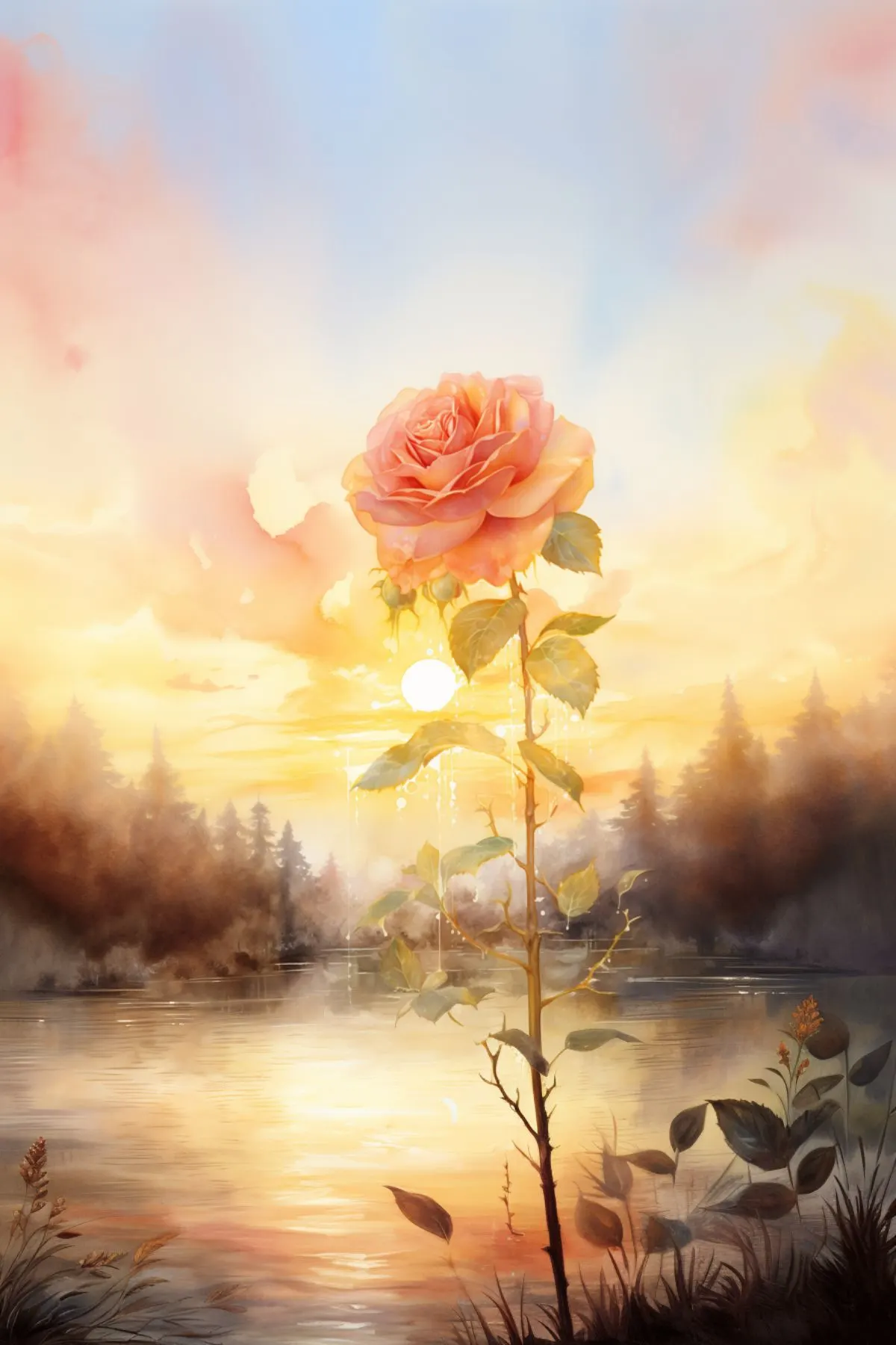 watercolor image of a rose in the great outdoors on a Tuesday morning