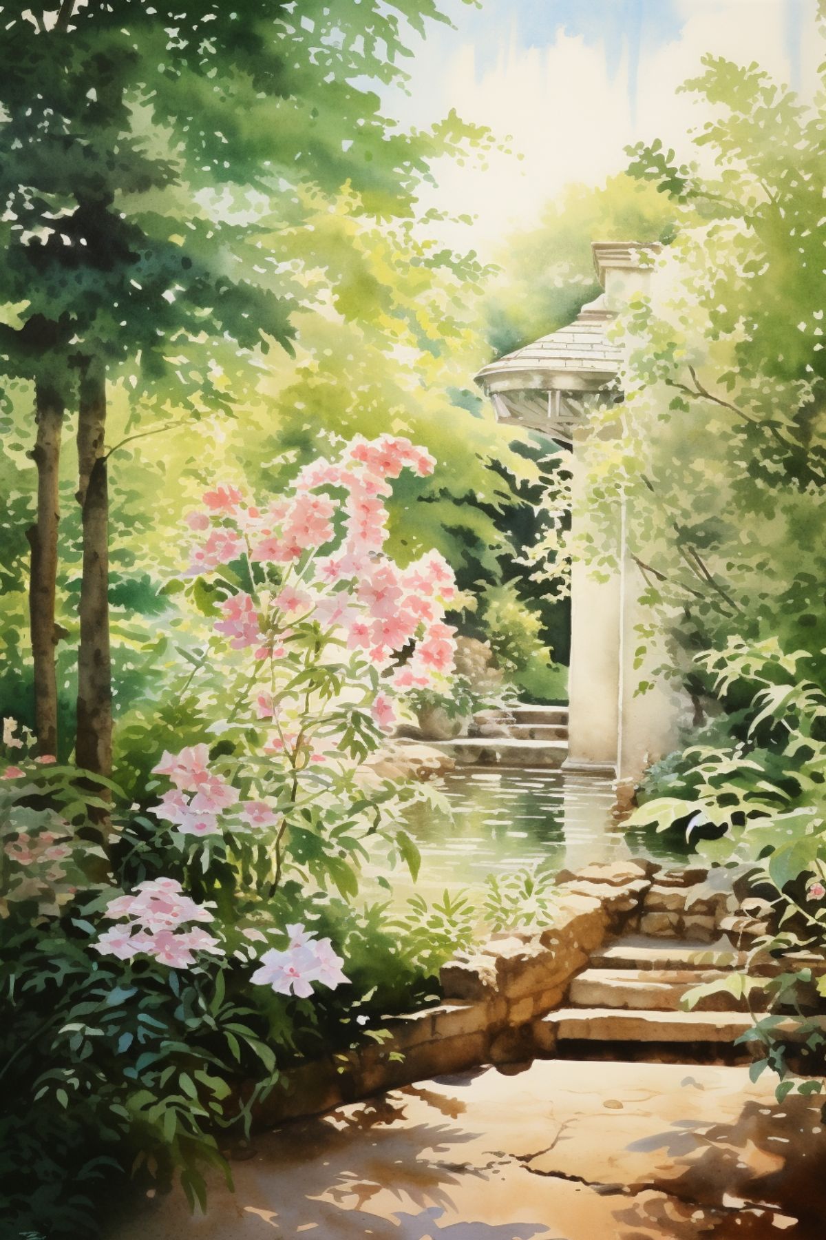 watercolor scene of a beautiful home in the woods with flowers and trees
