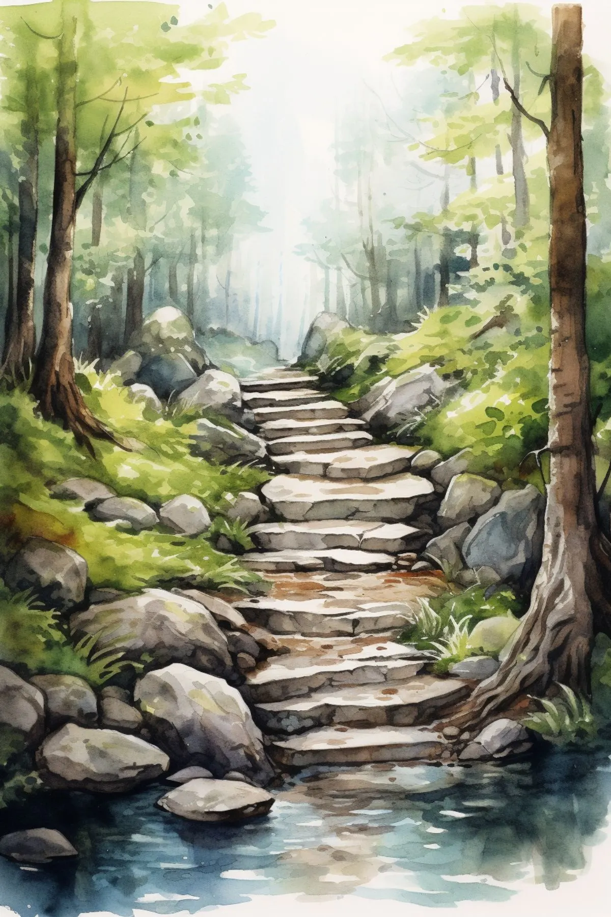 Cover image for Bible Verses About Moving Forward Post - features an illustration of a rocky staircase in a serene forest